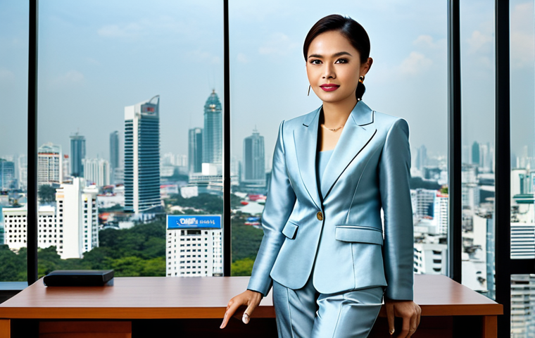 **

A professional Thai businesswoman in a modest, elegant silk suit, standing in a modern office overlooking the Bangkok skyline, fully clothed, appropriate attire, safe for work, perfect anatomy, natural proportions, professional photography, high quality, family-friendly. The office features traditional Thai art accents.

**